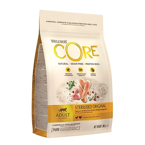 Wellness CORE Sterilised Original, Pute & Huhn, 300 g, Katzenfutter trocken für sterilisierte Katzen, ohne Zuckerzusatz, getreidefrei, mit hohem Fleischanteil, beugt Haarballen vor von Wellness CORE