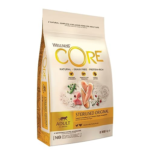 Wellness CORE Sterilised Original, Pute & Huhn, 4 kg, Katzenfutter trocken für sterilisierte Katzen, ohne Zuckerzusatz, getreidefrei, mit hohem Fleischanteil, beugt Haarballen vor von Wellness CORE