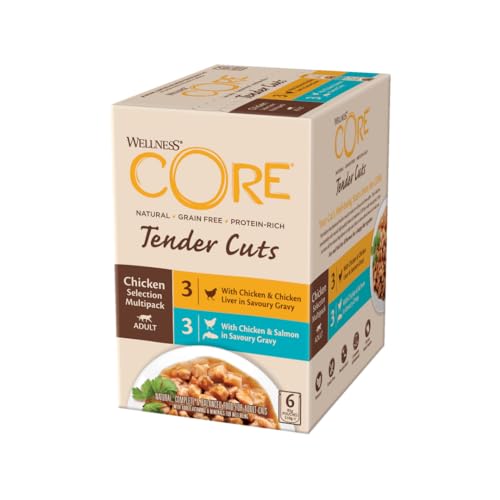 Wellness CORE Tender Cuts, Hühnchen Selection Mix, 6 x 85 g, Nassfutter für ausgewachsene Katzen in Sauce, ohne Zuckerzusatz, getreidefrei, mit hohem Fleischanteil von Wellness CORE