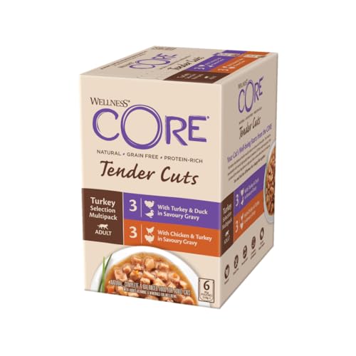 Wellness CORE Tender Cuts, Pute Selection Mix, 6 x 85 g, Nassfutter für ausgewachsene Katzen in Sauce, ohne Zuckerzusatz, getreidefrei, mit hohem Fleischanteil von Wellness CORE