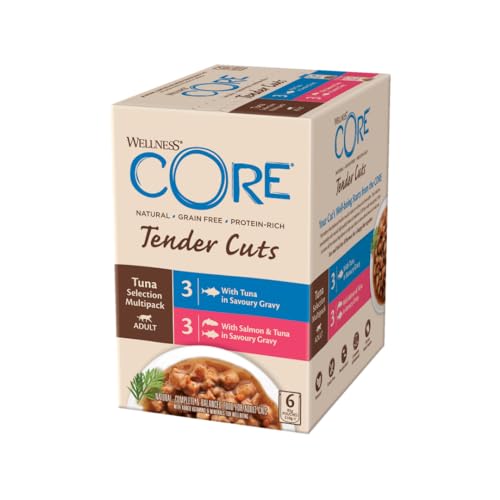 Wellness CORE Tender Cuts, Thunfisch Selection mix, 6 x 85 g, Nassfutter für ausgewachsene Katzen in Sauce, ohne Zuckerzusatz, getreidefrei, mit hohem Fleischanteil von Wellness CORE