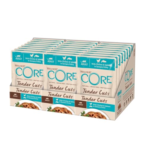 Wellness CORE Tender Cuts, Huhn & Lachs, 24 x 85 g, Nassfutter für ausgewachsene Katzen in Sauce, ohne Zuckerzusatz, getreidefrei, mit hohem Fleischanteil von Wellness CORE