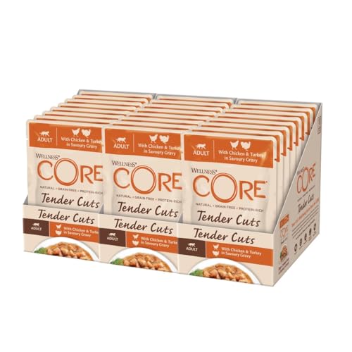 Wellness CORE Tender Cuts, Huhn & Pute, 24 x 85 g, Nassfutter für ausgewachsene Katzen in Sauce, ohne Zuckerzusatz, getreidefrei, mit hohem Fleischanteil von Wellness CORE