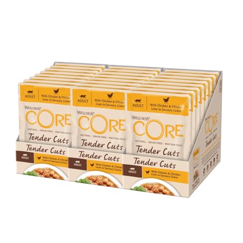 Wellness CORE Tender Cuts, Huhn & Hühnerleber, 24 x 85 g, Nassfutter für ausgewachsene Katzen in Sauce, ohne Zuckerzusatz, getreidefrei, mit hohem Fleischanteil von Wellness CORE