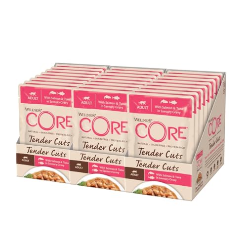 Wellness CORE Tender Cuts, Lachs & Thunfisch, 24 x 85 g, Nassfutter für ausgewachsene Katzen in Sauce, ohne Zuckerzusatz, getreidefrei, mit hohem Fleischanteil von Wellness CORE