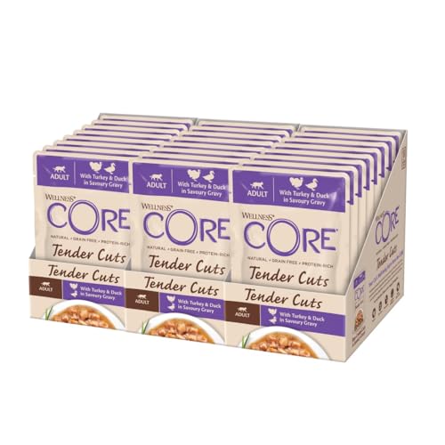 Wellness CORE Tender Cuts, Pute & Ente, 24 x 85 g, Nassfutter für ausgewachsene Katzen in Sauce, ohne Zuckerzusatz, getreidefrei, mit hohem Fleischanteil von Wellness CORE