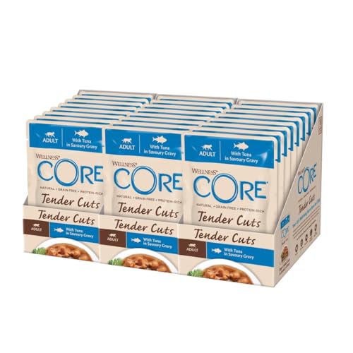 Wellness CORE Tender Cuts, Thunfisch, 24 x 85 g, Nassfutter für ausgewachsene Katzen in Sauce, ohne Zuckerzusatz, getreidefrei, mit hohem Fleischanteil von Wellness CORE