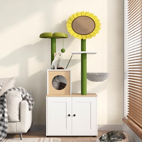 Wellynap Sun Flower Top Katzenbaum Turm mit Sisal überzogenen Kratzstämmen, Katzenkratzbaum für Indoor-Katzen, Katzen-Selbstpfleger und interaktiver baumelnder Ball, ideal für Katzen von Wellynap