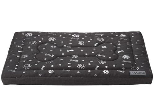 Welsti Hundebett Waschbar - 2-in-1 Hundematratze und Hundematte - Hunde Bett mit Rutschfestem Boden - Schaumstofffüllung 100x70x6 cm - Dunkelgrau mit Silbernen Knochen und Pfoten von Welsti