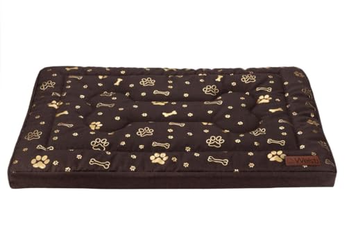 Welsti Hundebett Waschbar - 2-in-1 Hundematratze und Hundematte - Hunde Bett mit Rutschfestem Boden - Schaumstofffüllung 130x90x6 cm - Braun mit Goldenen Knochen und Pfoten von Welsti