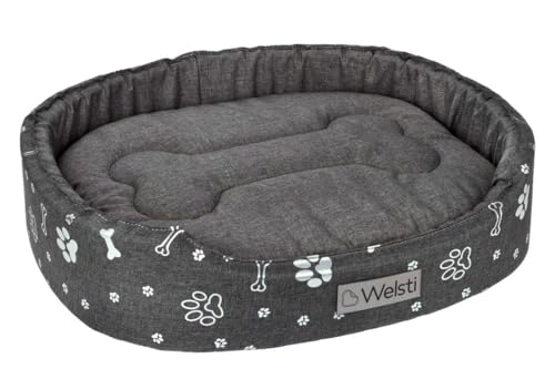 Welsti Ovales Hundebett - Hundekissen oval - Hundebett rund - Anti rutsch - mit Schaumstofffüllung - Hundekissen rund - 58x47x8cm - Dunkelgrau mit Silbernen Knochen und Pfoten von Welsti