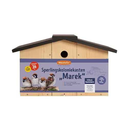 Welzhofer Sperlingskoloniekasten Marek, Nistkasten für Sperlinge und Spatzen, Sperlingskoloniehaus mit 3 Brutkammern aus Kieferholz, 34mm Einflugloch, Spatzenhaus leicht zu reinigen von Welzhofer