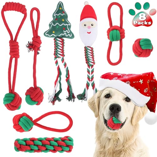 8-Pack Weihnachtshundspielzeug, Weihnachtshundspielzeug Set für Welpen, Lustige Baumwollseilspielzeug für Welpen Kleine Mittlere Hunde, Hund für Zahnreinigung Interagierende Spiele von Weocar