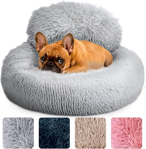 Werwing Angstbett für Hunde, Rundes Bett, rutschfest und waschbar, Donut-förmiges Bett für kleine, mittlere und große Hunde, Kunstfellbett aus Plüsch - 60 cm, für Tiere bis 11,3 kg, Grau von Werwing