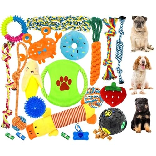 Weskur Hundespielzeug für Welpen, zum Zahnen, 20 Stück, Kauspielzeug-Set für Hunde, Seilspielzeug, quietschendes Spielzeug für kleine Hunde, Tauziehen und unzerstörbares Ballspielzeug. von Weskur