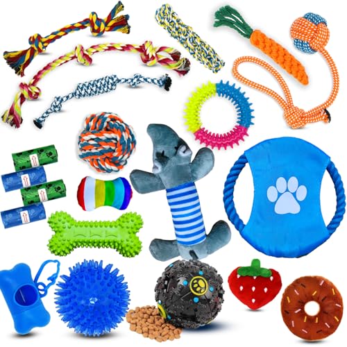 Weskur Hundespielzeug für Welpen, zum Zahnen, 20 Stück, Kauspielzeug-Set für Hunde, Seilspielzeug, quietschendes Spielzeug für kleine Hunde, Tauziehen und unzerstörbares Ballspielzeug. von Weskur