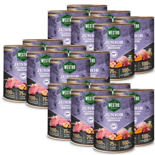 Hundefutter Nassfutter Junior (18 x 800g) | 75% Weidelamm und Pute in Lebensmittelqualität | Getreidefrei | Für Welpen und Junghunde Aller Rassen | Gesundes Wachstum von Westho