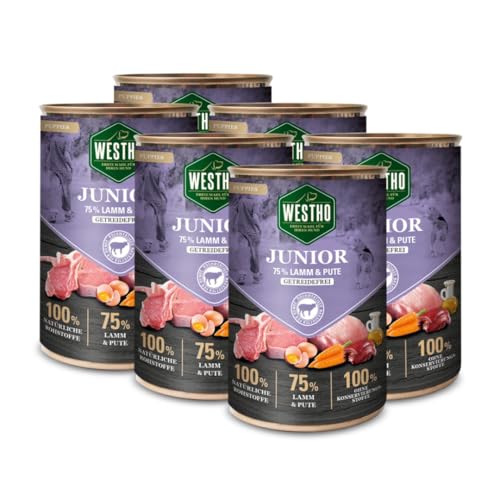 Hundefutter Nassfutter Junior (6 x 400g) | 75% Weidelamm und Pute in Lebensmittelqualität | Getreidefrei | Welpenfutter für Welpen und Junghunde Aller Rassen | Gesundes Wachstum von Westho