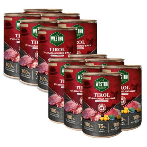 WESTHO Nassfutter Tirol (12 x 400 g) | 75% Black Angus Rind & Wild | Getreidefrei | Reich an Antioxidantien| Hohe biologische Wertigkeit | Premium Hundenassfutter | Extra viel Fleisch von Westho