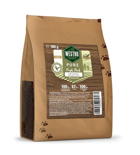 Westho Petfood | Trockenfutter Pure Fresh Duck 500g | 67% Entenfleisch | Praktische Probiergröße | Getreidefrei | Hunde Trockenfutter für alle Rassen und Alter (Ente mit Reis) von Westho