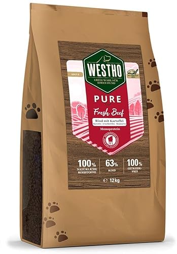 Westho Trockenfutter Pure Rind & Kartoffel 12 kg | 63% Rind in Lebensmittelqualität | Getreidefrei | Bei Unverträglichkeiten & Allergien | Hundefutter für ausgewachsene Hunde jeglicher Rasse von Westho