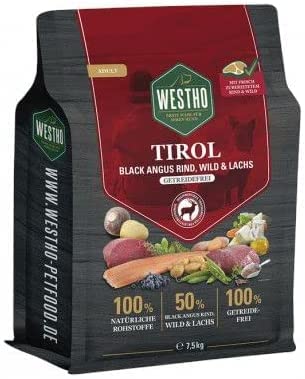 Westho Trockenfutter Tirol 7,5 kg Adult Senior| 50% Rind, Wild & Lachs in Lebensmittelqualität | Getreidefrei | Bei Verdauungsproblemen | Hundefutter für jegliche Rasse von Westho