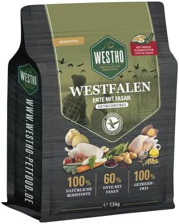 Westho Trockenfutter Westfalen 7,5 kg | 60% Ente & Fasan in Lebensmittelqualität | Getreidefrei | Bei Verdauungsproblemen | Hundefutter für Hunde jeglicher Rasse und Alter geeignet von Westho