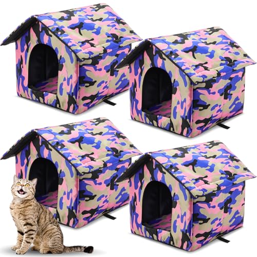 Weysat 4 Stück Streunende Katze Shelter Wasserdicht Outdoor Haustier Haus Faltbar Warm Feral Katzenhöhle für Winter Wasserabweisendes Segeltuchdach für kleine Katze Hund Zelt Bett Zwinger Welpe von Weysat