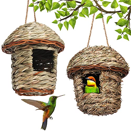 2 Stück Gras Bird Nest, Vogelnest Gras, Handgewebte Vogelhäuser, Vogelnester, Kolibri-Haus für Draußen Aufhängen, Verschleißfest Hängender Vogelnest, für Papageien, Kanarienvögel, Amseln von Weyying