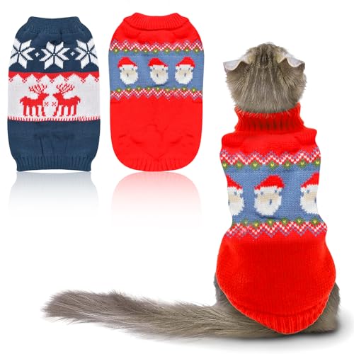 Hundepullover Weihnachten, 2 Stück Weihnachts Winter Haustier Katze Hunde Pullover, Hundekostüm Weihnachten, Weihnachten Muster Strickwaren warme Haustier Pullover für Kätzchen und kleine Hunde von Wffeila