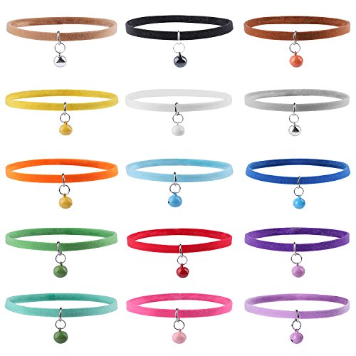 Whaline 15Stk Welpen ID Halsbänder Doppelseitig Plüsch Welpen Halsbänder Einstellbare Identification Halsband Puppy Bänder Katze ID Halsband mit Glocken (15 Farben) von Whaline