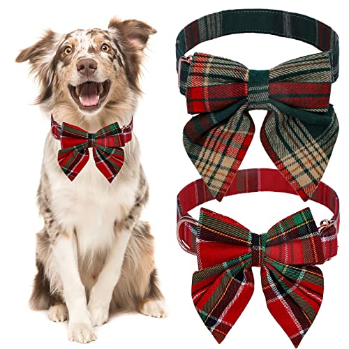 Whaline 2 Stück Weihnachten Hundehalsbänder Rot Grün Plaids Haustier Fliege Halsband Niedlich Verstellbar Xmas Hundehalsband mit Großer Schleife für Hund Katze Kätzchen Welpen Urlaub Haustier Kostüm von Whaline