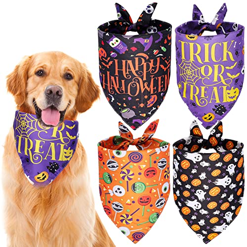 Whaline 4 Stück Halloween Haustier Bandanas Kürbis Geist Trick or Treat Dreieck Hundelätzchen Lila Orange Schwarz Hund Schal Haustier Halstuch für kleine, mittelgroße und große Haustier Katze Hund von Whaline