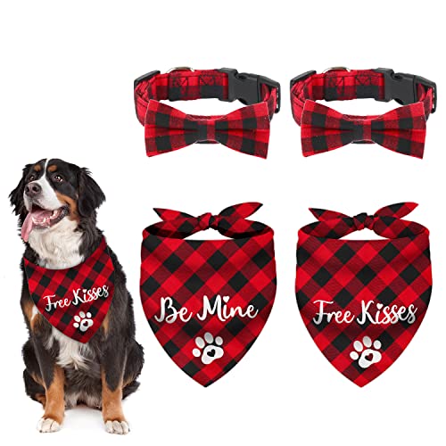 Whaline 4 Stück Valentinstag Hundehalstuch und HalsbandSet 2 Designs rot schwarz karierte HaustierLätzchen verstellbare HaustierFliege Halsband für Valentinstag, Geburtstag, Hochzeit, Party, von Whaline