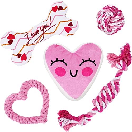 Whaline 5 Stück Valentinstag Hundespielzeug Kit Welpe Kauen Rosa Herz Quietschen Knochenball geformt Baumwollseil Kauen für kleine mittelgroße Welpen Zähne Reinigungszubehör von Whaline