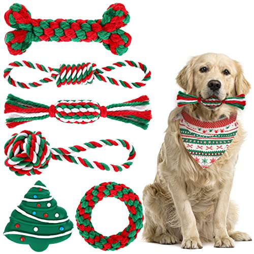 Whaline 7-teiliges Weihnachts-Haustierspielzeug-Set, Hund Spielzeug enthält Kauspielzeug, Hundehalstuch und Weihnachtsbaum, Quietschspielzeug, rot-grün, mittelgroße Hunde, Weihnachtsgeschenke von Whaline