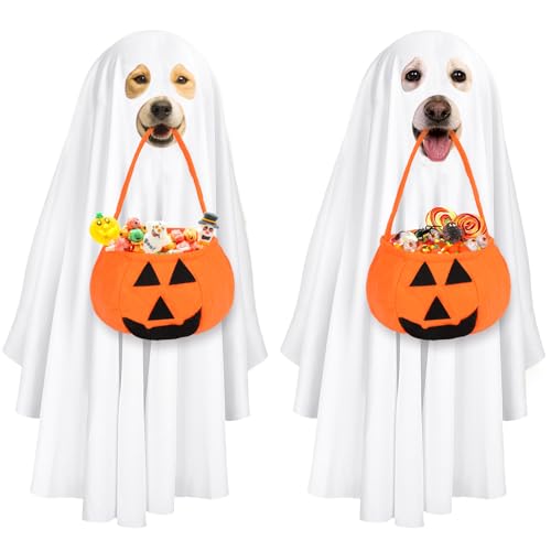 Whaline Halloween-Hundekostüme mit Vlies-Kürbis-Taschen, weißer Geisterhund, Cosplay-Tücher, niedlicher Party-Umhang für mittelgroße und große Hunde, Kostümzubehör, 4 Stück von Whaline