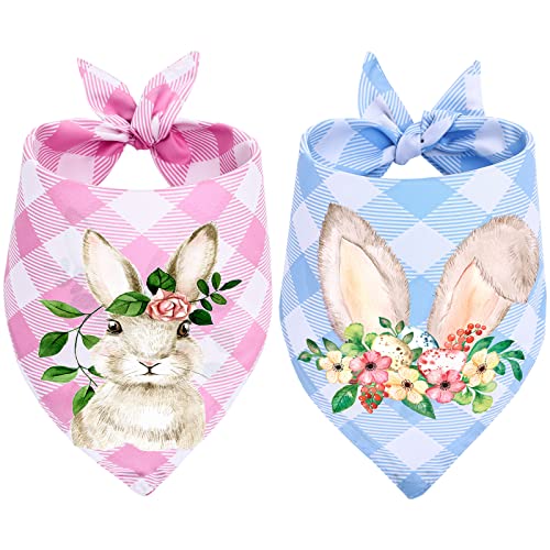 Whaline Halstuch für Haustiere, Motiv: Osterhase und Hase, Blumendesign, blau-rosa Büffelkaro, Dreiecks-Hunde-Lätzchen, Haustier-Halstuch für Frühling, Geburtstag, kleine und mittelgroße Haustiere, von Whaline