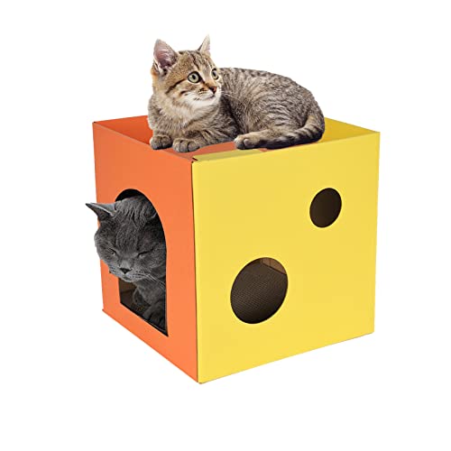 Whimsicalfox Karton Katzenhaus,Katzenkratzer Papphaus mit Zwei Scratcher Board,Katze Wellpappe Scratcher Box Haus für Katze, Cat Scratcher Spielzeug, DIY Hideaway Spielhaus (Orange und Gelb) von Whimsicalfox