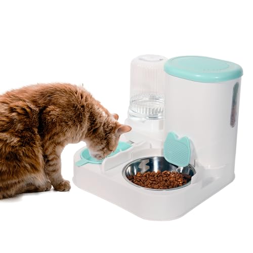 Whimsicalfox Katzenbrunnen und Futterspender Set, 2 in 1 Automatischer Katzenspender, 1L/935.5 g Schwerkraft-Haustierwasser und Futterspender für Indoor-Katzen und kleine Hunde, Edelstahlnapf, von Whimsicalfox