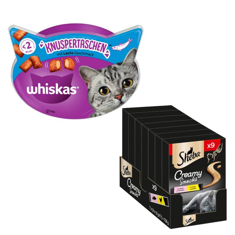 2 x 180 g Whiskas Knuspertaschen + 9 x 12 g Sheba Creamy Snacks zum Sonderpreis! - 2 x 180 g Knuspertaschen: Lachs + 9 x 12 g Creamy Snacks: Huhn und Lachs von Whiskas