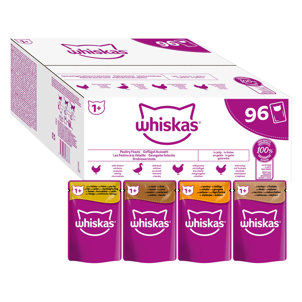 70 + 26 gratis! 96 x 85 g Whiskas 1+ Jumbopack - Geflügelauswahl in Gelee von Whiskas