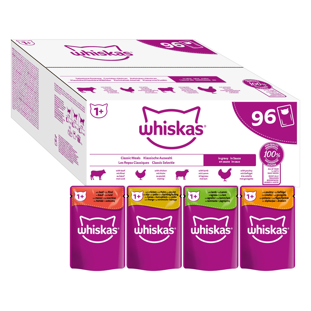 70 + 26 gratis! 96 x 85 g Whiskas 1+ Jumbopack - Klassische Auswahl Auswahl in Sauce von Whiskas