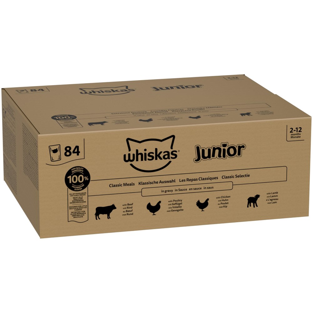 Jumbopack Whiskas Junior Frischebeutel 84 x 85 g - Klassische Auswahl in Sauce Jumbopack Whiskas Junior Frischebeutel 84 x 85 g - Klassische Auswahl in Sauce von Whiskas