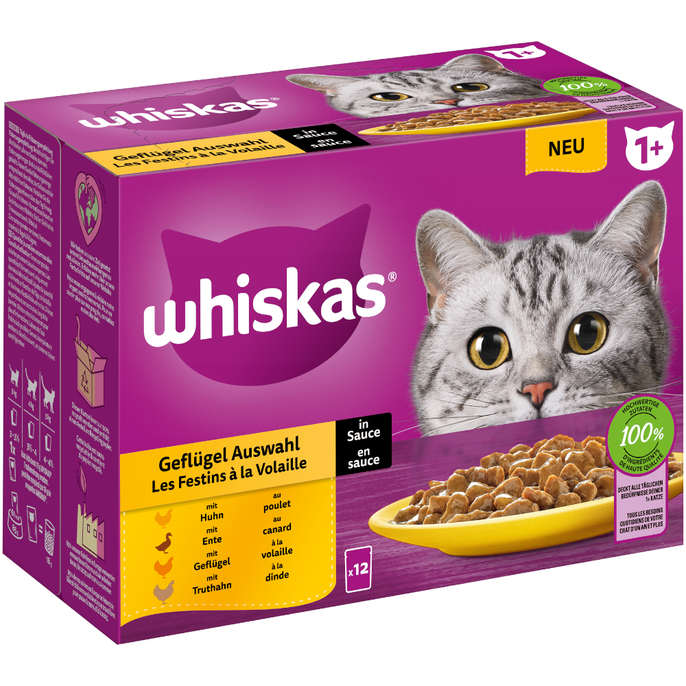 Megapack Whiskas 1+ Adult Frischebeutel 24 x 85 g - Geflügelauswahl in Sauce von Whiskas