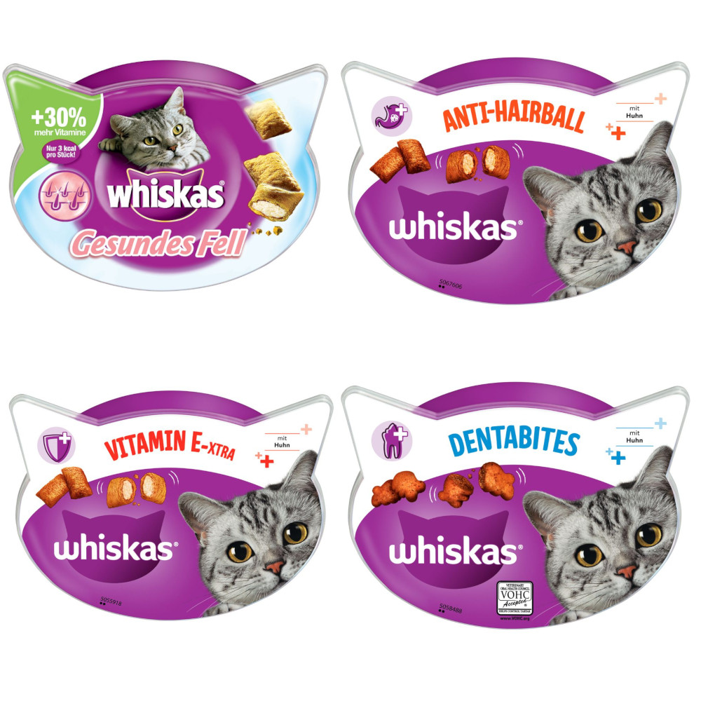 Whiskas Katzensnacks zum Sonderpreis! - 2 x 40 g Dentabites mit Huhn + 2 x 50 g Vitamin E-Xtra + 2 x 50 g Gesundes Fell + 2 x 60 g Anti-Hairball von Whiskas