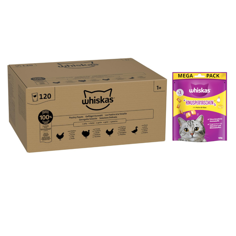 Whiskas Megapack Nassfutter + 180 g Knuspertaschen mit Huhn und Käse gratis! - Adult Geflügel Auswahl in Gelee 120 x 85 g Whiskas Megapack Nassfutter + 180 g Knuspertaschen mit Huhn und Käse gratis! - Adult Geflügel Auswahl in Gelee 120 x 85 g von Whiskas