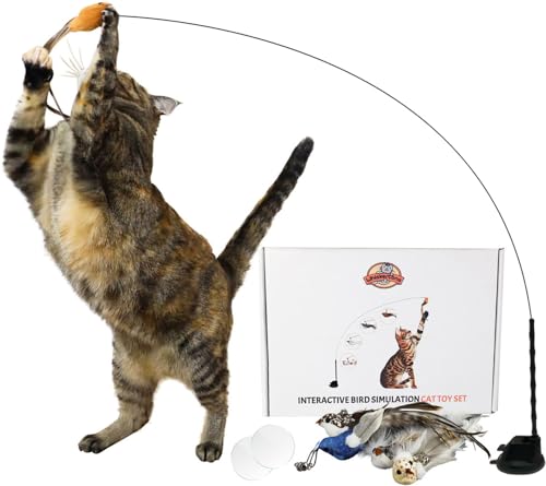 Whiskertons Interaktives Vogelsimulation Katzenspielzeug Set, Interaktives Katzenspielzeug für Indoor-Katzen, Katzenfederspielzeug, Selbsthaltender Saugfuß, 5 Ersatzvögel, Federn & Glocken, von Whiskertons