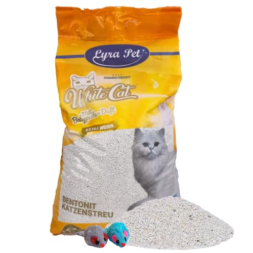 Lyra Pet® | 15 Liter White Cat Katzenstreu + 2 Spielmäuse | Mit Babypuder Duft | Feines Klumpstreu | 350% Saugkraft | Naturprodukt aus Bentonit | Saubere Wohnung | Neutralisiert Gerüche | Staubarm von White Cat