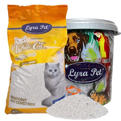 Lyra Pet® | 15 Liter White Cat Katzenstreu + 30 L Tonne | Mit Babypuder Duft | Feines Klumpstreu | 350% Saugkraft | Naturprodukt aus Bentonit | Saubere Wohnung | Neutralisiert Gerüche | Staubarm von White Cat